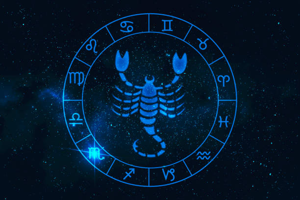 scorpio horoscope sign in twelve zodiac with galaxy stars background, graphic of polygon man thinking